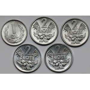 1 złoty 1949 Al i 2 złote 1958 i 1970 - mennicze (5szt)