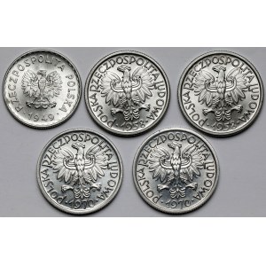 1 złoty 1949 Al i 2 złote 1958 i 1970 - mennicze (5szt)