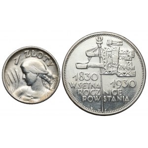 Kobieta i kłosy 1 złoty 1925 i Sztandar 5 złotych 1930, zestaw (2szt)