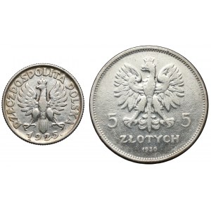 Kobieta i kłosy 1 złoty 1925 i Sztandar 5 złotych 1930, zestaw (2szt)