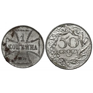 1 kopějka 1916 a 50 haléřů 1938, sada (2ks)