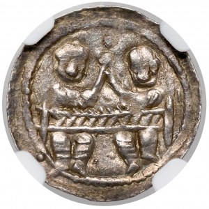 Boleslaw IV the Curly, Denarius - Two behind the table - letters N - E