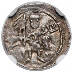 Boleslaw IV the Curly, Denarius - Two behind the table - letters N - E