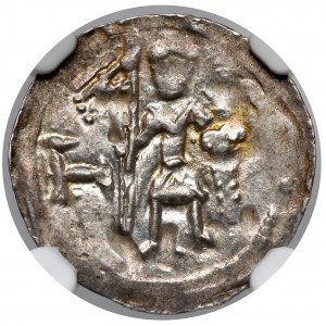 Boleslaw IV the Curly, Denarius - Two behind the table - letter T