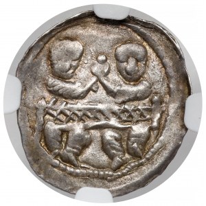 Boleslaw IV the Curly, Denarius - Two behind the table - ★ - ✚