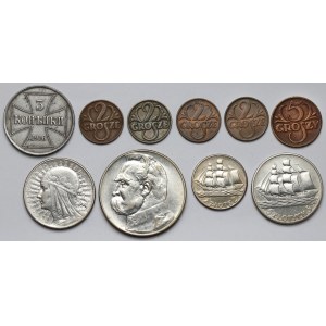 II RP and OST, from 2 pennies to 10 zlotys + 3 kopecks, set (10pcs)