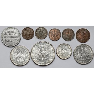 II RP and OST, from 2 pennies to 10 zlotys + 3 kopecks, set (10pcs)