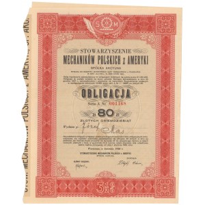 Stowarzyszenie Mechaników Polskich z Ameryki, Obligacja na 80 zł 1938 + ciekawy dokument