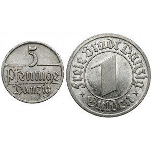 Gdaňsk, 5 fenigů 1928 a gulden 1932, sada (2 ks)