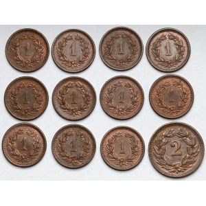 Switzerland, 1-2 rappen 1906, beautiful states - set (12pcs)