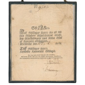 Švédsko, 12 Schillingar Banco 1848 - ve skleněném rámu