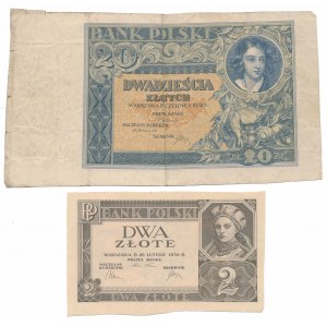 2 and 20 gold 1931-36 - without series and number, hand-cut from sheet (2pcs)