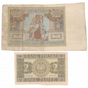 2 i 20 złotych 1931-36 - bez seri i numeru, ręcznie wycięte z arkusza (2szt)