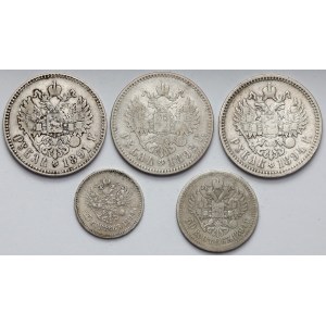 Rusko, Alexandr III, 25-50 kopějek a rublů 1891-1894, sada (5 ks)