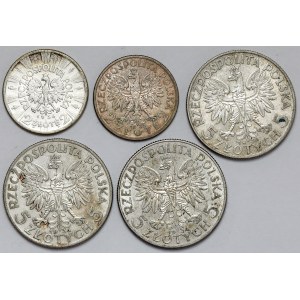 Głowa Kobiety i Piłsudski, 2-5 złotych 1933-1934, zestaw (5szt)