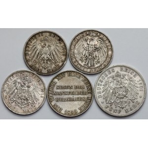 Německo, Thaler 1855 a 3-5 marek 1901-1913 - sada (5ks)
