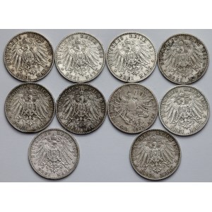 Německo, Thaler 1868 a 3 marky 1908-1911, sada (10ks)