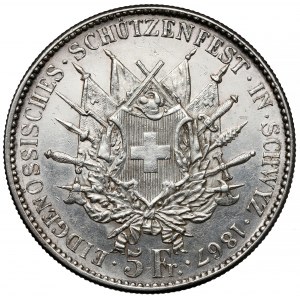 Švajčiarsko, 5 frankov 1867 - Strelecký festival v Schwyzi