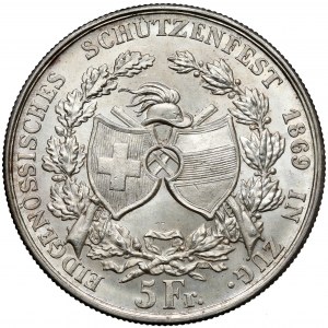 Švajčiarsko, 5 frankov 1869 - Strelecký festival v Zugu