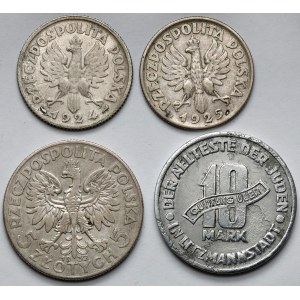 Satz (4Stück) mit RARE 5 zloty 1932 zm Warschau, schöne Erntemaschinen und 10 mkp Ghetto