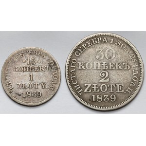 15 Kopeken = 1 Zloty und 30 Kopeken = 2 Zloty 1839 MW, Warschau - Satz (2 St.)