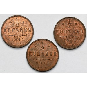 Rusko, Mikuláš II, 1/2 kopejky 1911 - sada (3ks)