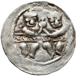 Boleslaw IV the Curly, Denarius - Two behind the table - ★ - ✚