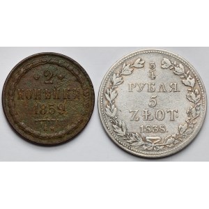 3/4 rublu = 5 zlatých 1838 MW a 2 kopějky 1859 BM, Varšava - sada (2ks)