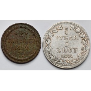 3/4 rubla = 5 złotych 1838 MW i 2 kopiejki 1859 BM, Warszawa - zestaw (2szt)