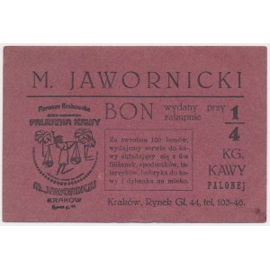 Krakov, pražiareň kávy M. Jawornicki, poukážka vydaná na nákup 1/4 kg kávy