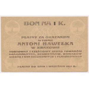 Cracow, ANTONI HAWEŁKA, 1 crown 1919 - blankie