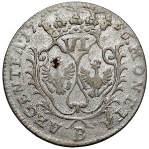 Sliezsko, Fridrich II Veľký, šesťcentovka 1756-B, Vroclav