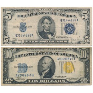 USA, 5 a 10 dolarů 1934 Stříbrný certifikát (2ks)