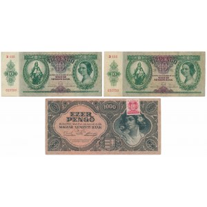 Ungarn, 2x 10 Pengo 1936 und 1.000 Pengo 1945 - mit Briefmarke (3Stück)