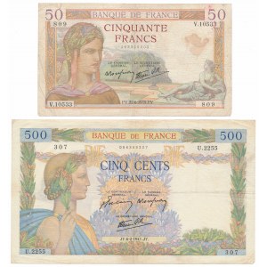 Frankreich, 50 Francs 1939 und 500 Francs 1941 (2 Stck.)
