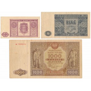 Zestaw 1, 5 i 1.000 złotych 1946 (3szt)