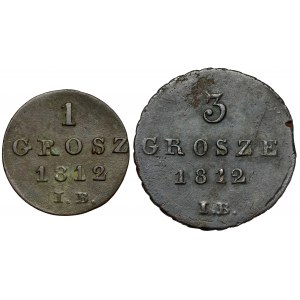 Księstwo Warszawskie, 1 i 3 grosze 1812 IB - zestaw (2szt)