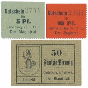 Dzierzgoń (Christburg), 5, 10 und 50 Pfg 1917-1919 (3 St.)