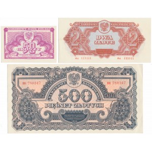 REPRINTS OHNE DRUCK - 50 gr, 2 und 500 PLN 1944 (3 Stück)