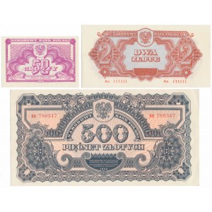 REPRINTY BEZ POTLAČE - 50 gr, 2 a 500 PLN 1944 (3ks)