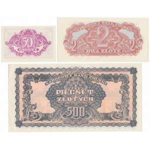 REPRINTS OHNE DRUCK - 50 gr, 2 und 500 PLN 1944 (3 Stück)