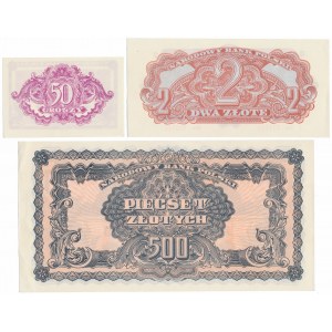 REPRINTS WITHOUT PRINTING - 50 gr, 2 and 500 zl 1944 (3pcs)