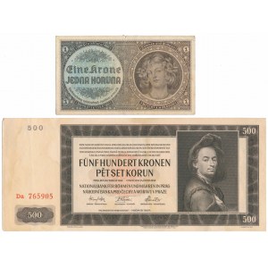 Protektorat Böhmen und Mähren, 1 Krone 1940 und 500 Kronen 1942 (2 St.)
