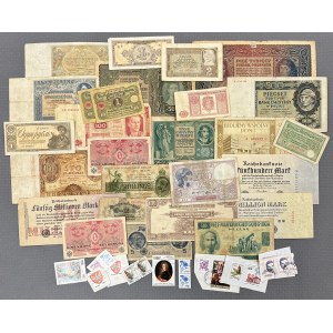 Satz von MIX-Banknoten einschließlich Polen + Briefmarken (38 Stück)