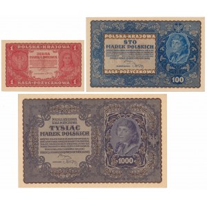 1, 100 und 1.000 mkp 08.1919 - Satz (3 Stück)