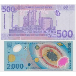 Rumunia, 2.000 Lei 1999 w folderze i Sudan, 500 Pounds 2021 - zestaw (2szt)