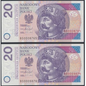 20 zloty 2016 BS - 0008765 and 0009876 - interesting numbers (2pcs)