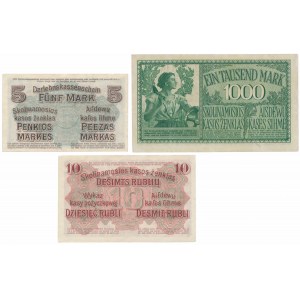Poznaň, 10 rublů 1916 a Kaunas, 5 a 1 000 marek 1918 (3ks)