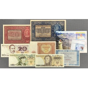 Banknoty polskie, pożyczka premiowa + kartka i znaczek z JP II (9szt)