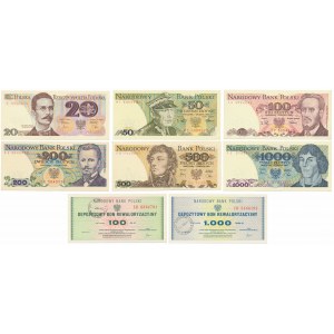 PRL, zestaw banknotów i bonów rewaloryzacyjnych (8szt)